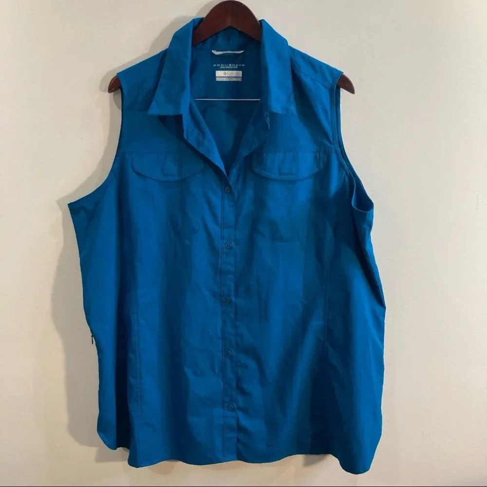 COLUMBIA Sz 2X Short Sleeve Button Up Omni-Shade Dark Turquoise Blouse Pockets